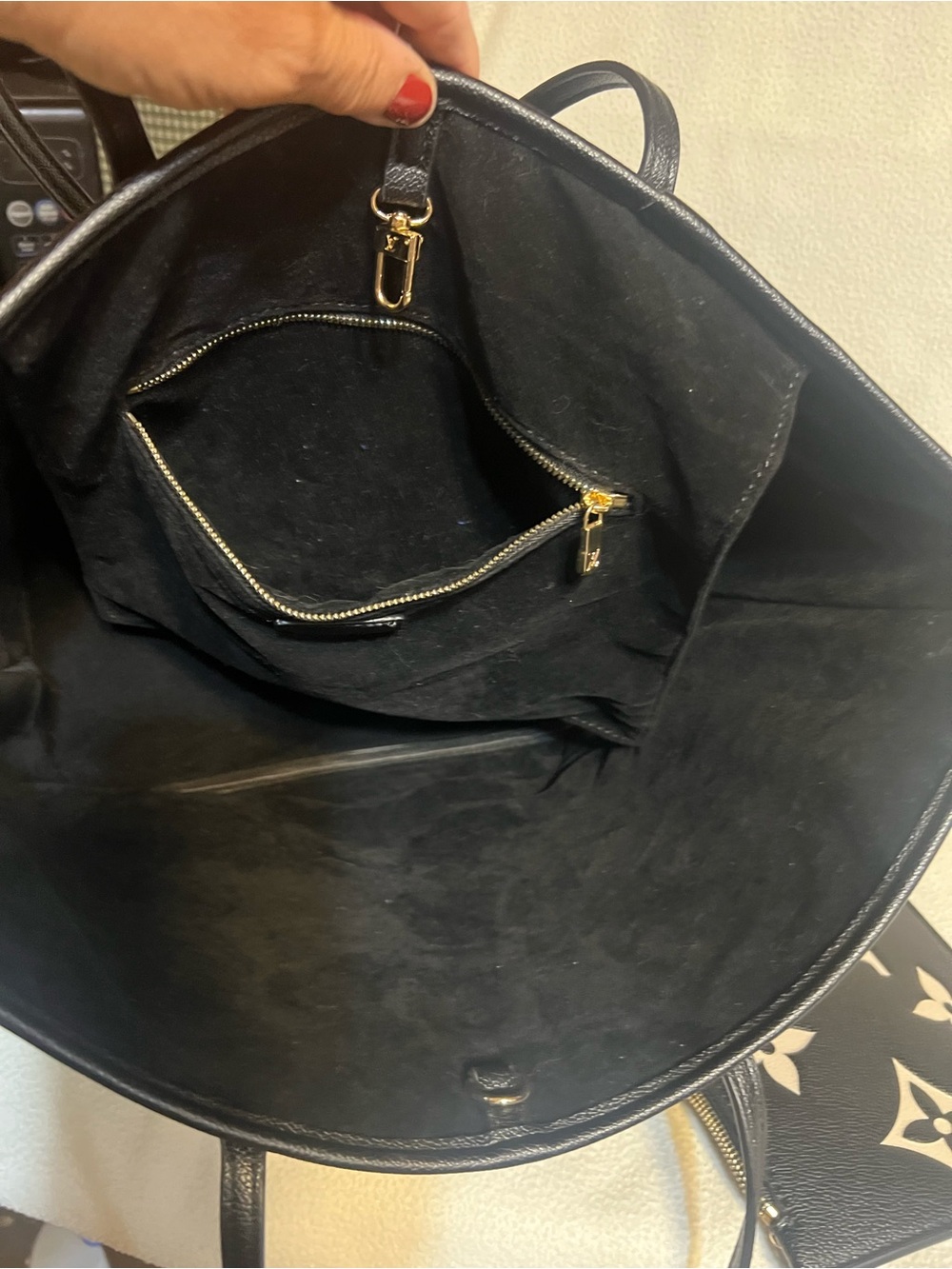 Black Tote with Cream Monogram Accents and Pouch - Picture 7 of 9